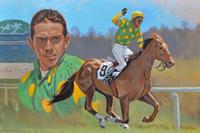 Oil portrait of a race horse and jockey by Claude Buckley