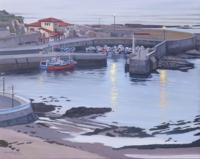 Oil landscape painting of a port at dusk by Claude Buckley- Luces en en Puerto, 25.59 x 31.89 in (65 x 81 cm) oil on canvas 2016