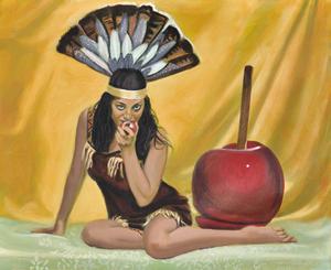 Oil painting by Claude Buckleyof a Mexican American woman eating a candy apple