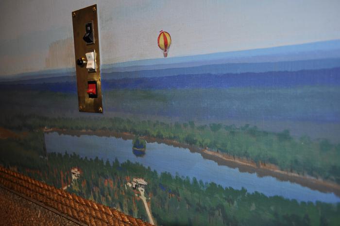 mural by Claude Buckley- Ballooning over Mulberry Plantation, elevator Mulberry Plantation, Camden, SC