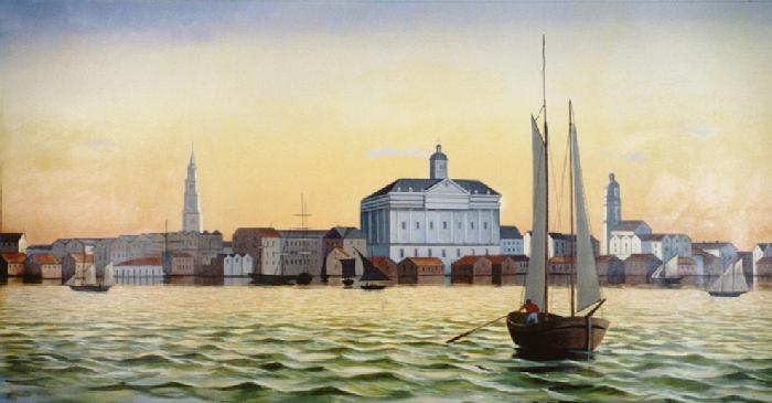 Claude Buckley- mural painting depicting Charlestownm SC circa 1880, acrylic on canvas, 72 x 132 inches, Law Offices Ogletree, Nash, Deakens and Stewart