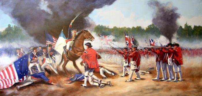 Mural painting by Claude Buckley- Baron DeKalb's Last Charge during the Battle of Camden, 10 x 45 feet, acrylic on polyester canvas, Rotunda Robert Mills Courthouse, Camden, SC