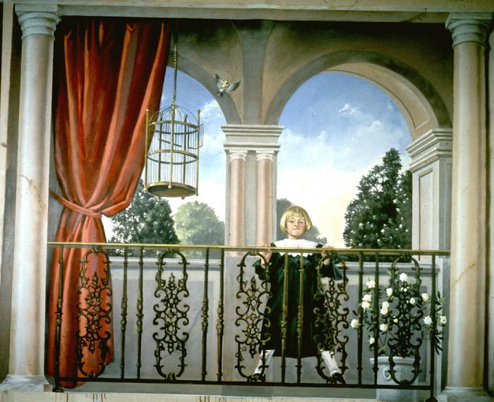 mural portrait of a young girl on a balcony by Claude Buckley- Girl with an Empty Bird Cage, 96 x 240 inches, acrylic on canvas, lobby with marbalized columns, private collection Sumter, SC