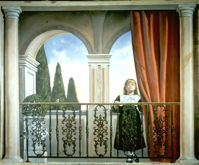 mural portrait by Claude Buckley- Girl with an Empty Bird Cage, 96 x 240 inches, acrylic on canvas, lobby with marbalized columns, private collection Sumter, SC