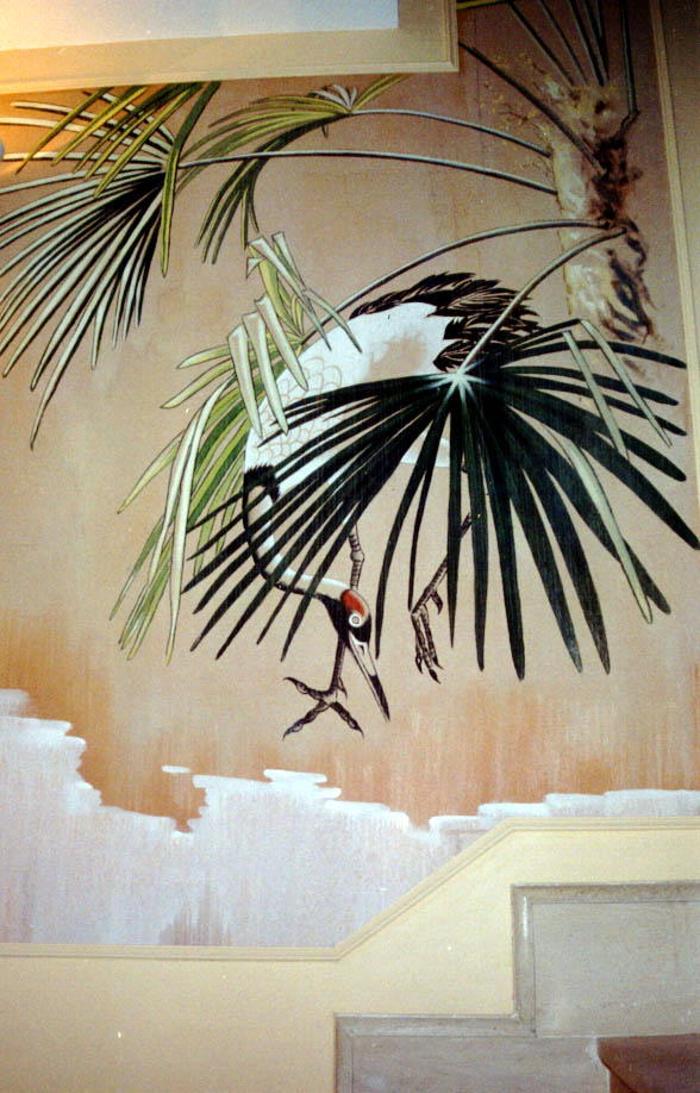 Mural by Claude Buckley- Oriental Stairwell, (detail) full mural is four stories tall, in 12 walls and a sky painted on the ceiling, private collection, Madrid