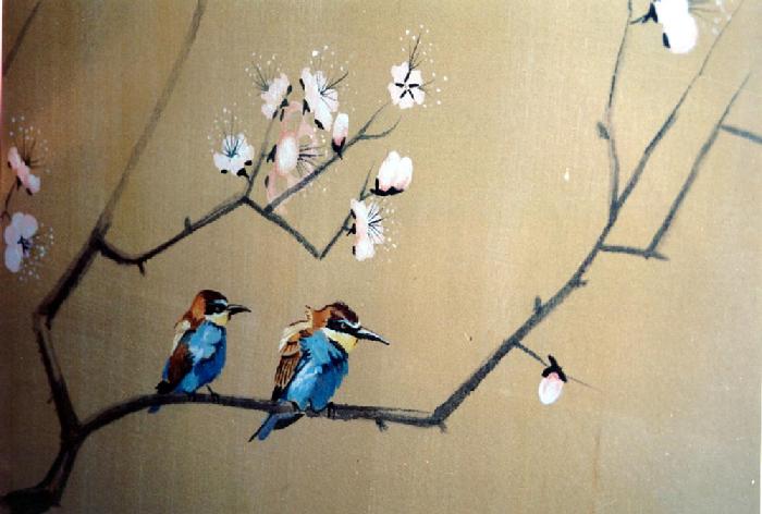 mural by Claude Buckley- Oriental Stairwell (detail) full mural is four stories tall, in 12 walls and a sky painted on the ceiling, private collection, Madrid