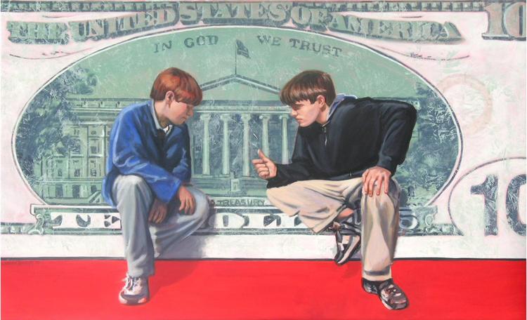 pop art painting by Claude Buckley- Flip a Coin, 40 x 60 in, acrylic on canvas
