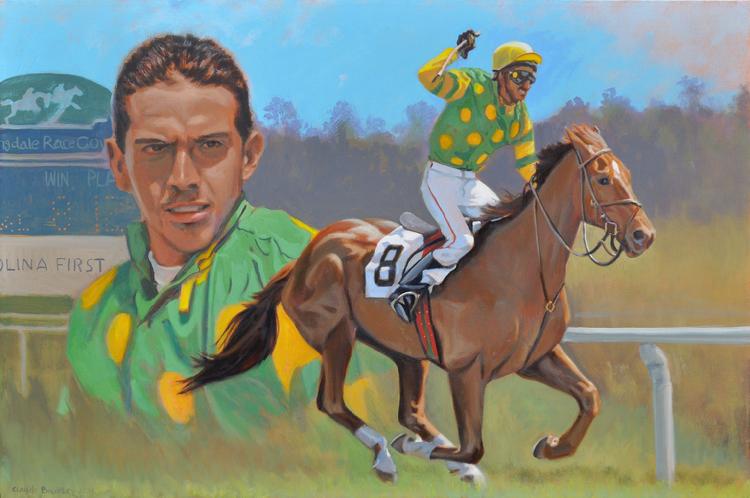 Oil painting of a jokey and his race horse by Claude Buckley- Animo Beto, 40 x 50 inches oil on canvas, private collection