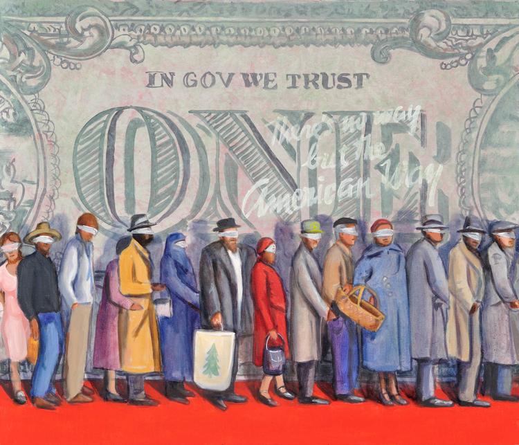 acrylic Pop Art currency painting by Claude Buckley- In Gov. We Trust, 30 x 40 in acrylic on canvas