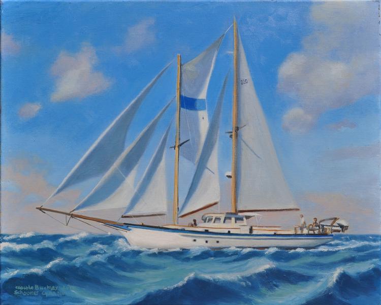oil nautical painting of the schooner Cyrano by Claude Buckley- Schooner Cyrano, 16 x 20 in oil on canvas The artist crossed the Atlantic on this boat when he was 16 years old.