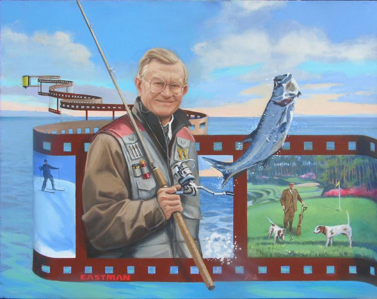 corporate oil portrait by Claude Buckley- "Gone Fishing", Mr. Ernest Deavenport, Former CEO Eastman,painted for Roger Milliken 40" x 50' oil on canvas,2007