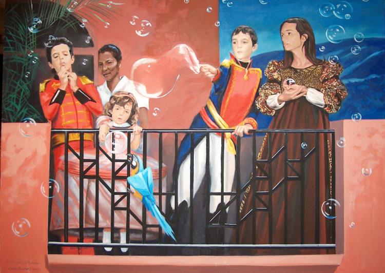 oil portrait of a group of children by Claude Buckley- Carnaval, 50 x 66 in oil on canvas, private collection Caracas, Venezuela