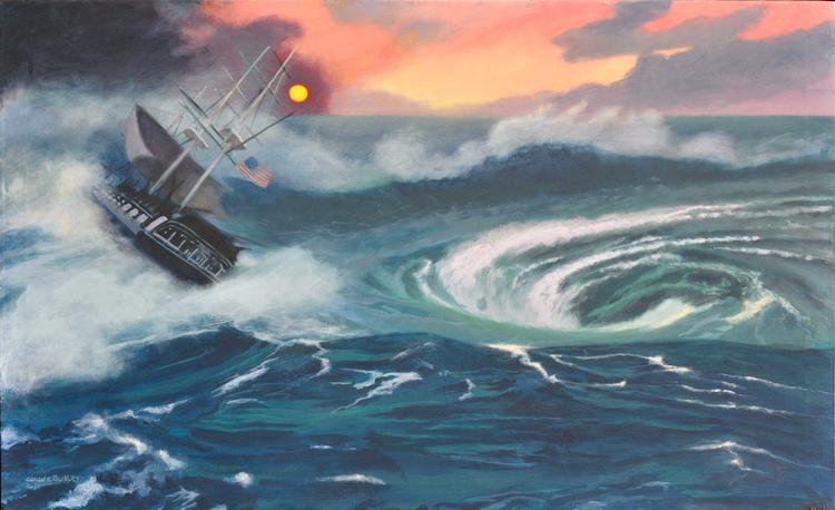 Image of a modern allegorical painting of the USS Constitution by Claude Buckley- The  Peril of the US Constitution, 30 x 40 in - 76 x 101 cm, oil on canvas 2013