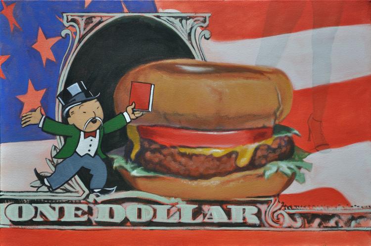 Neo pop painting by Claude Buckley depicting a cheesburger, an american flag and an oriental monopoly man holding a red book