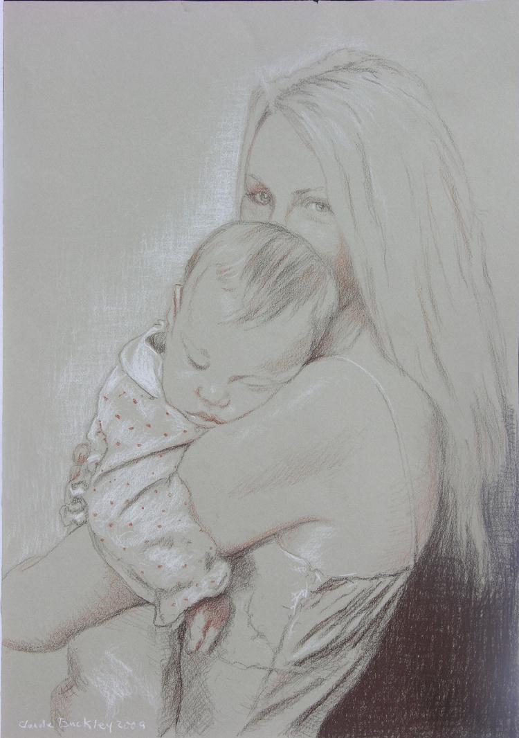 charcocoal drawing of a mother holding her infant pressed against her shoulder by Claude Buckley- Mother and Child, 18 x 24 in charcoal on paper, private collection Columbia SC