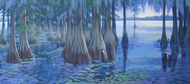 acrylic landscape painting by Claude Buckley- Santee Swamp, 48 x 76 in acrylic on canvas