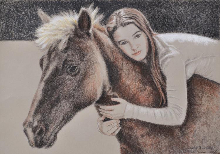Serena conte pencil drawing on paper  by Claude Buckley, Claude Buckley- Best Friends, 50 x 40 oil on canvas, private collection