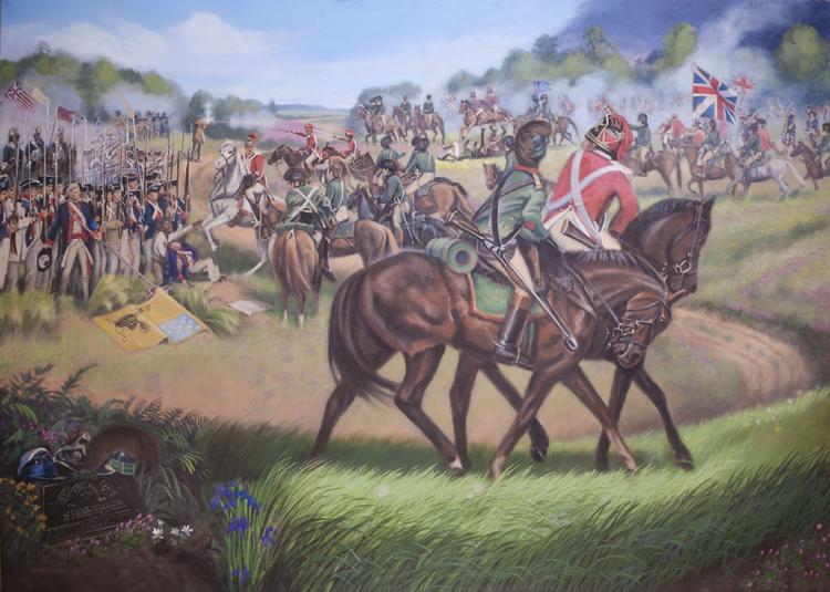 Claude Buckley- Tarleton's Quarter 10 x 8 ft, acrylic on canvas, 2013 Bath house, Private Collection, Lancaster, SC. This mural painting depicts the infamous Battle of Waxhaw