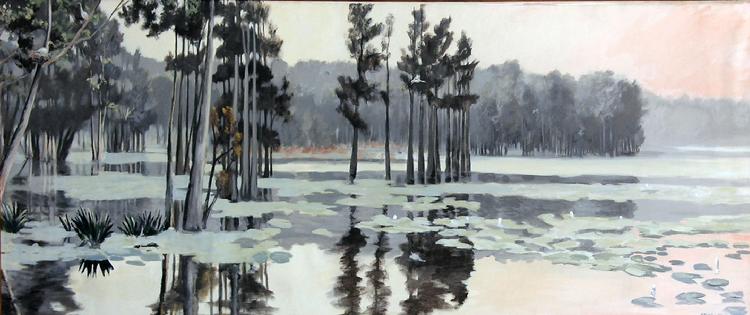 Claude Buckley- Mural painting "Boykin Millpond", 60 x 96 inches acrylic on canvas