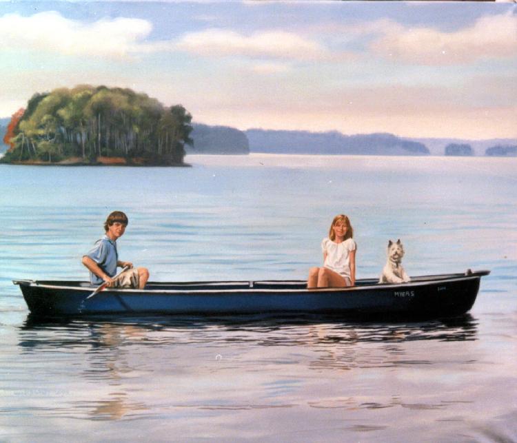 family oil portrait by Claude Bucklley- On The Tennessee River, Mayes kids, 50 x 66 in oil on canvas